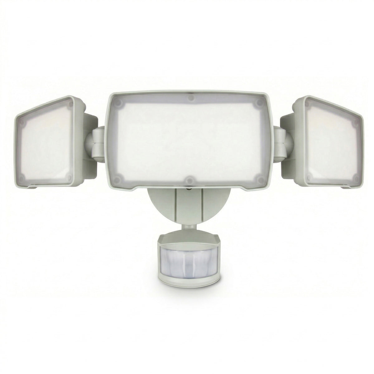 SECURITY FLOOD LIGHT WITH MOTION SENSOR, 3 HEAD, 50W, 120V, WHITE