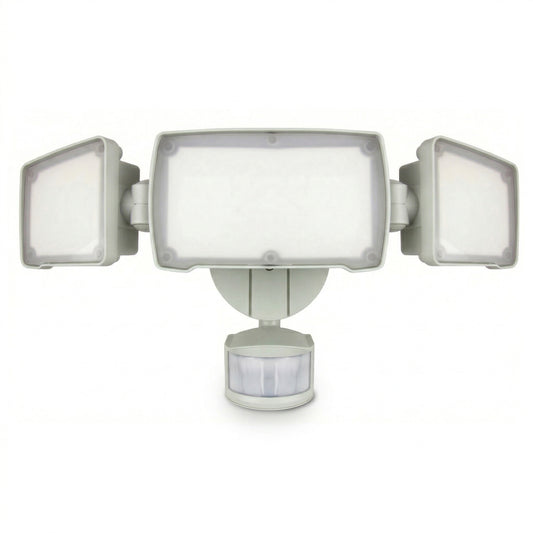 SECURITY FLOOD LIGHT WITH MOTION SENSOR, 3 HEAD, 50W, 120V, WHITE