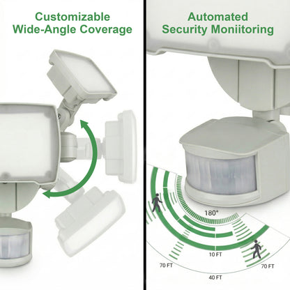 SECURITY FLOOD LIGHT WITH MOTION SENSOR, 3 HEAD, 50W, 120V, WHITE