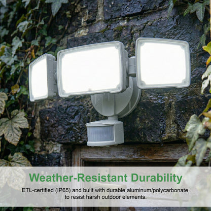 SECURITY FLOOD LIGHT WITH MOTION SENSOR, 3 HEAD, 50W, 120V, WHITE